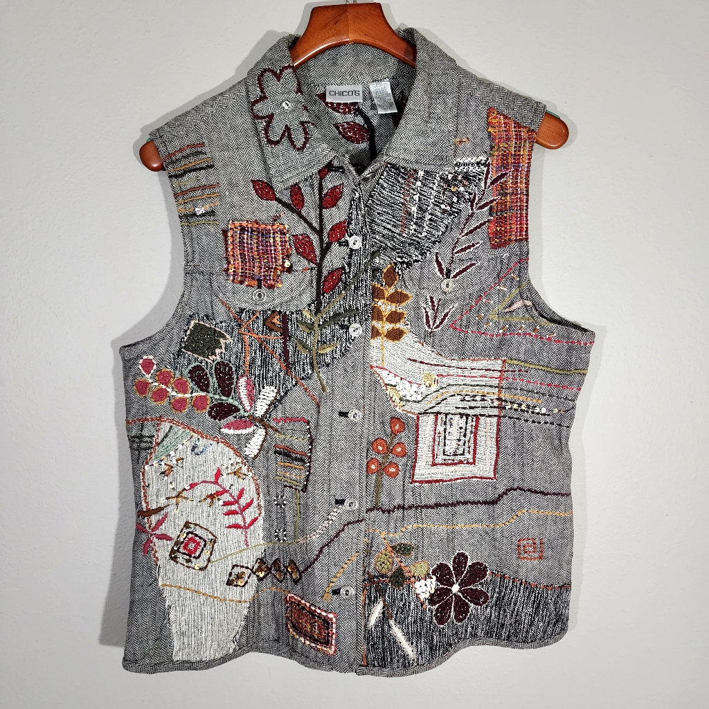 Chico's Embroidered Patchwork Button Down Vest